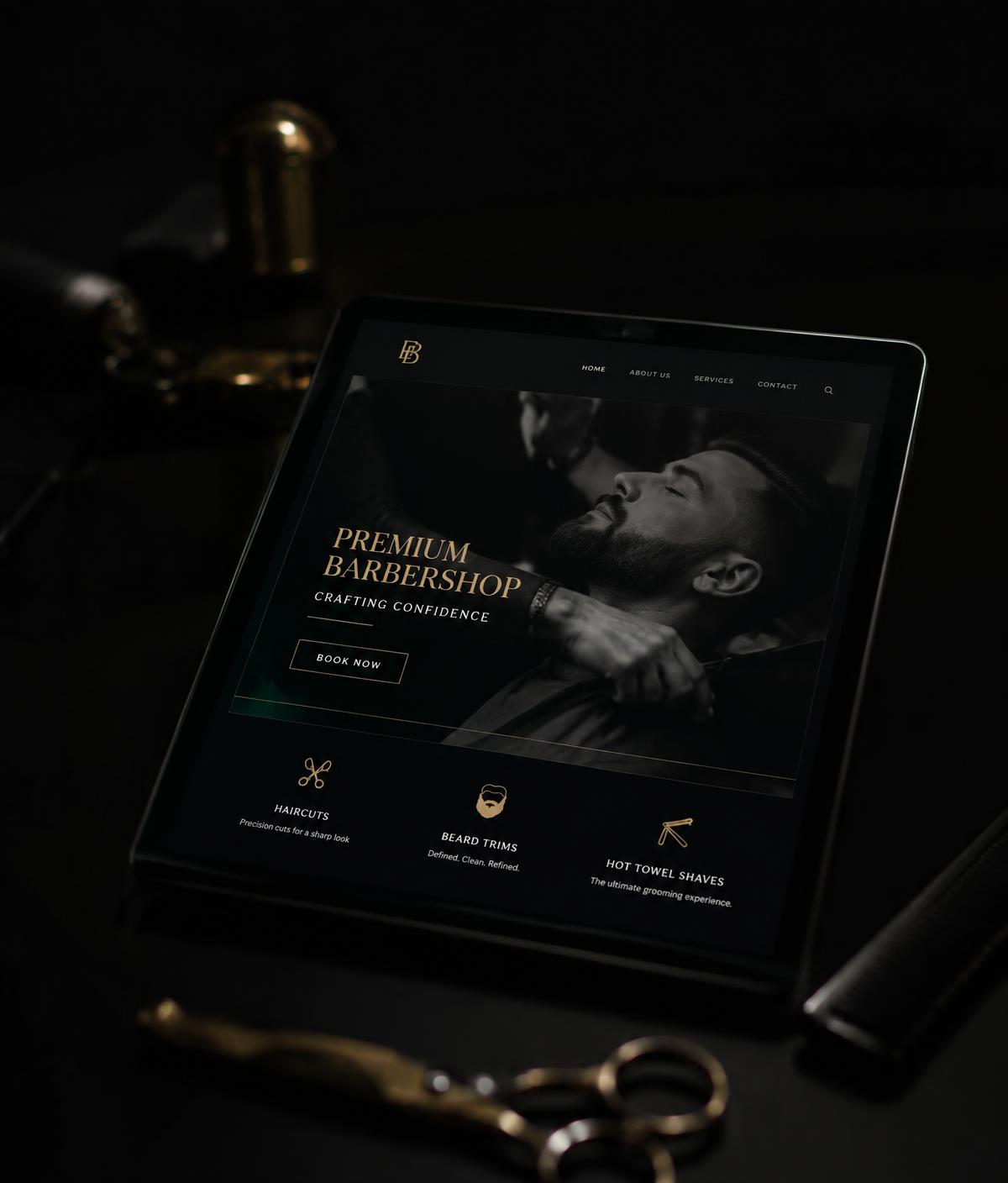Projeto conceito Prime Barber Studio exibido em tablet